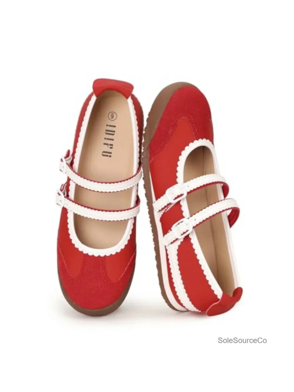 Women's Mary Jane Flats with Scalloped Edge, Non-Slip Rubber Sole, Adjustable